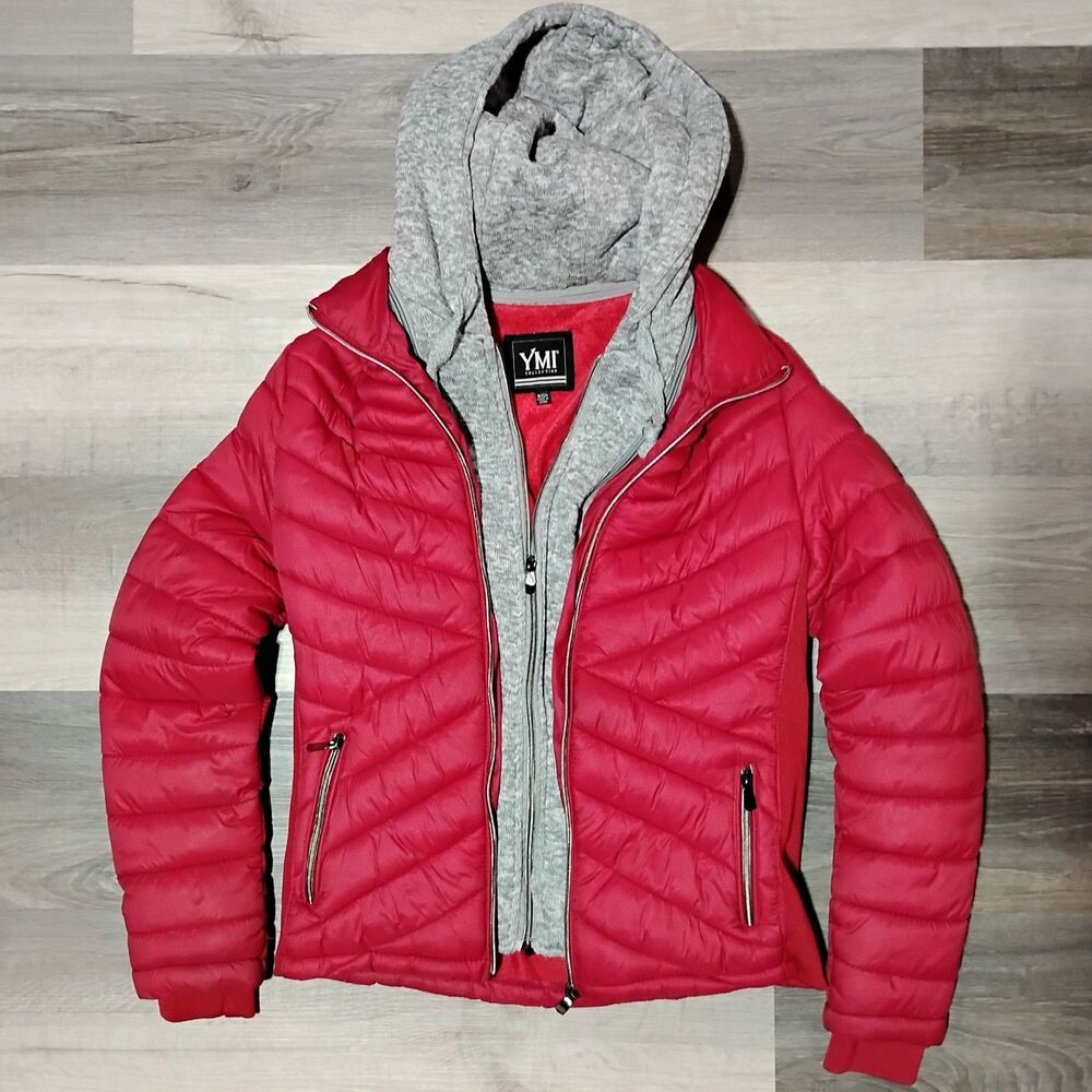 YMI Collection Women Hoodie Red Puffer Coat Jacket Sz Small Red